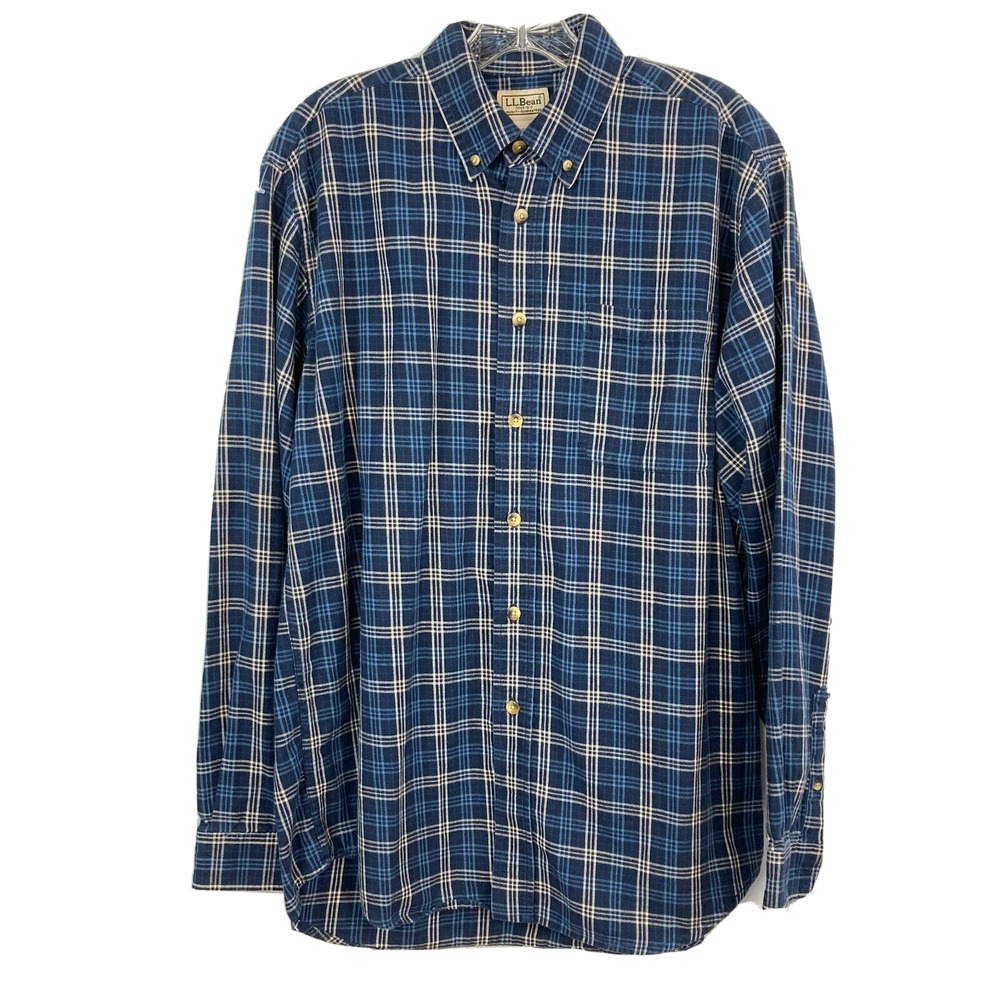 LL Bean Shirt Mens Sz M Blue White Tattersall Plaid Cotton Flannel Button Up